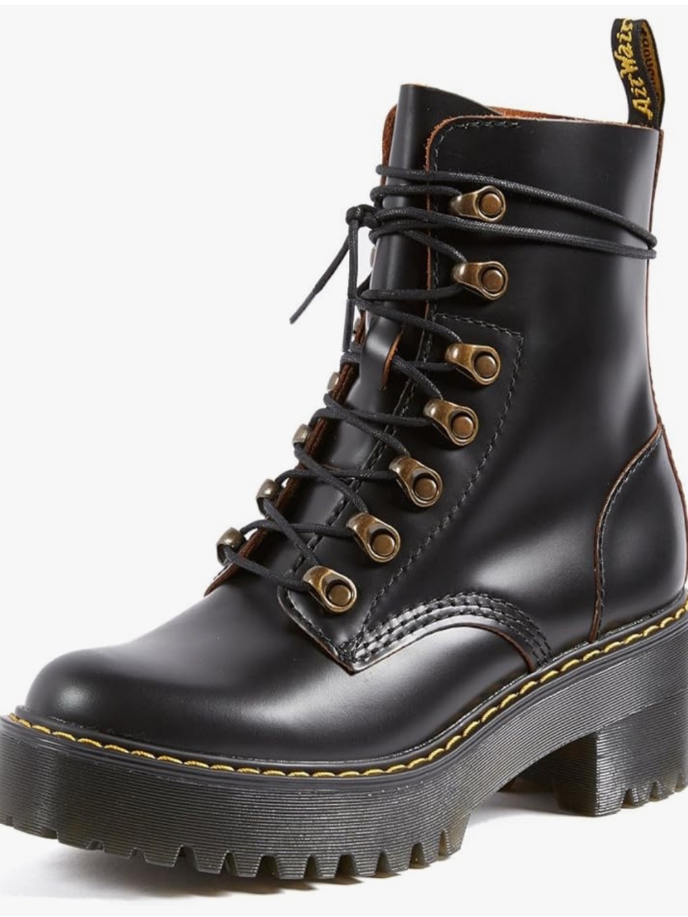 Dr. Martens Leona Vintage Smooth Black Lace-Up Platform with Yellow Stitching - Picture 3 of 9